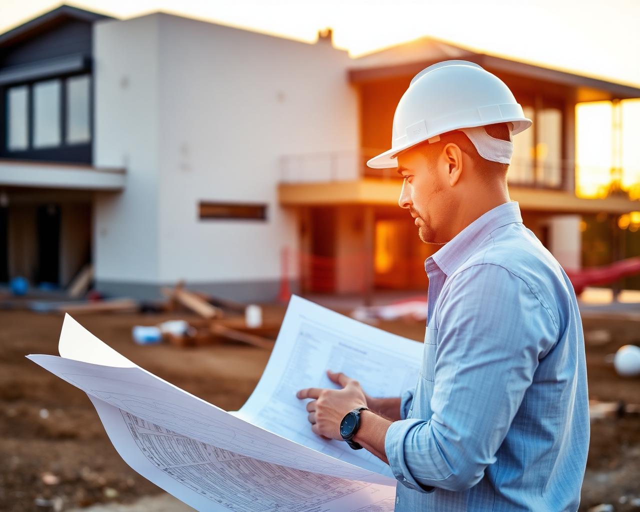 Engenheiro da Ilustre Construtora analisando planta de obra